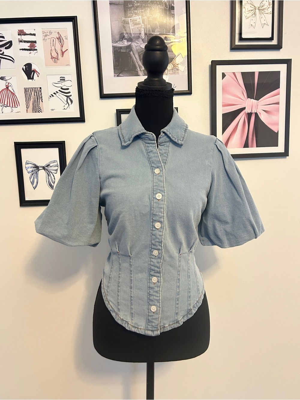 bagatelle Light Blue Denim Puff Sleeve Button-Front Shirt